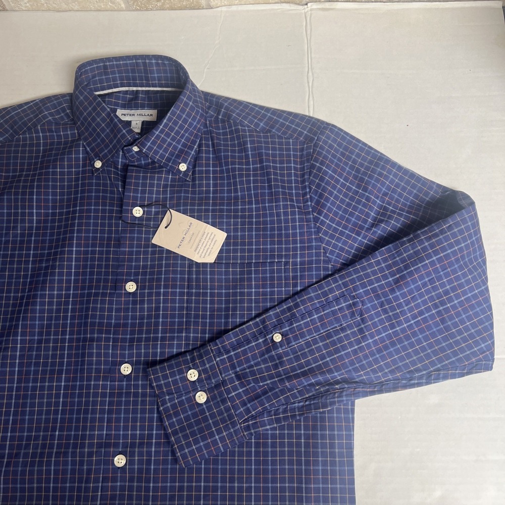 NEW Peter Millar Crown Lite Mens Button Down Shirt Small Blue Plaid